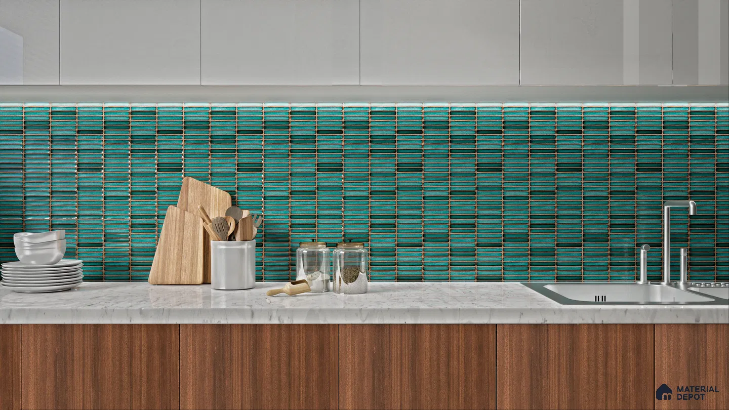 Contemporary Kitchen with Textured Teal Mosaic Backsplash | Material Depot
