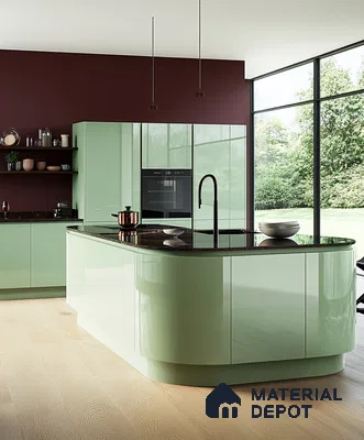 Contemporary Kitchen with Verdant Island and Burgundy Accents | Material Depot