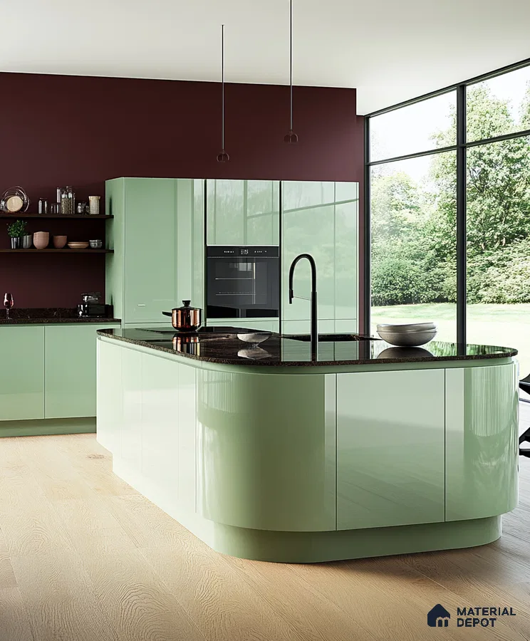 Contemporary Kitchen with Verdant Island and Burgundy Accents | Material Depot