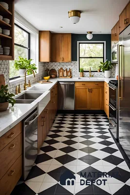 Contemporary kitchen with warm wood tones, geometric Moroccan tiles, and plenty of natural light. | Material Depot