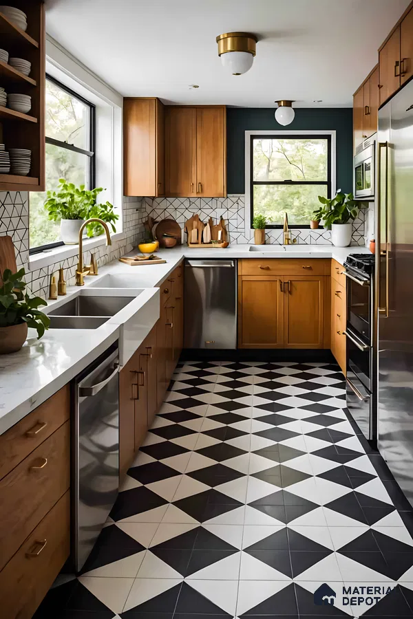 Contemporary kitchen with warm wood tones, geometric Moroccan tiles, and plenty of natural light. | Material Depot