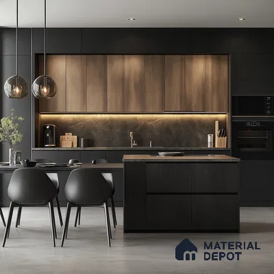 Contemporary Kitchen with Wood and Black Accents | Material Depot