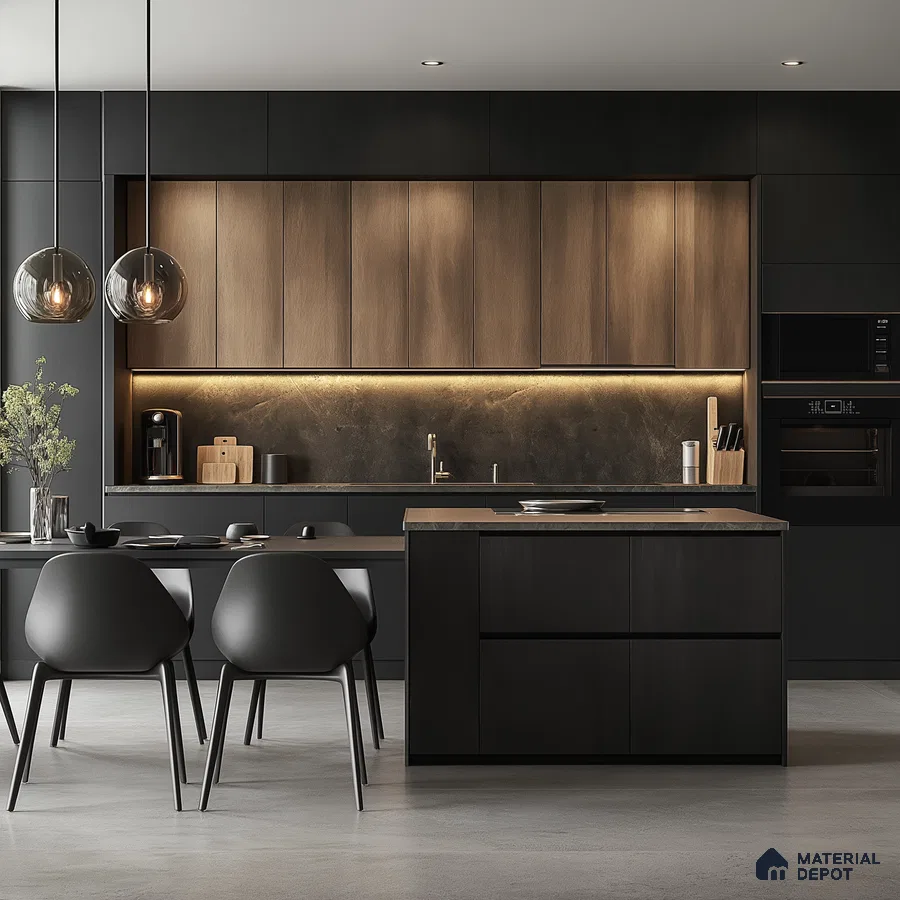 Contemporary Kitchen with Wood and Black Accents | Material Depot
