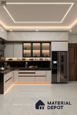 Contemporary L-Shaped Kitchen With High-Gloss Cabinets And Warm Under-Cabinet Lighting | Material Depot