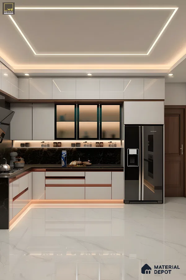 Contemporary L-Shaped Kitchen With High-Gloss Cabinets And Warm Under-Cabinet Lighting | Material Depot