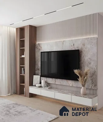 Contemporary Living Room Tv Unit With Marble & Fluted Panels And Floating White Cabinets | Material Depot