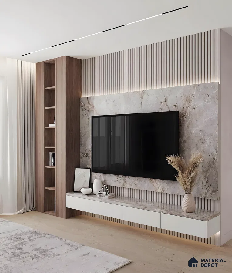 Contemporary Living Room Tv Unit With Marble & Fluted Panels And Floating White Cabinets | Material Depot