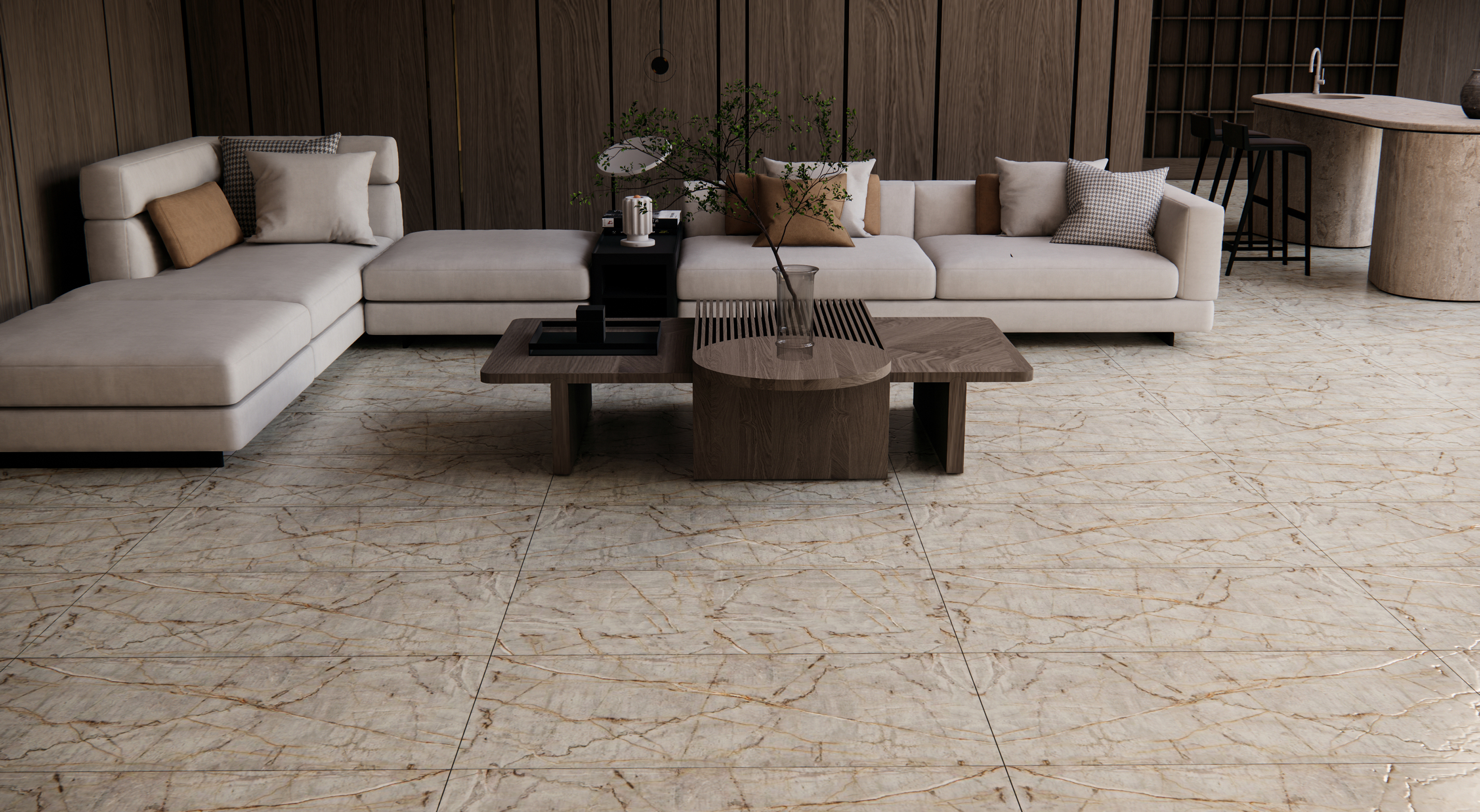 Contemporary Living Room with Ash Grey Flooring and Wooden Accents | Material Depot