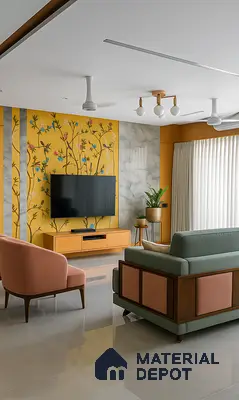 Contemporary Living Room with Botanical Wall Art, Glossy Tiles, Wood TV Console & Pastel Upholstery | Material Depot