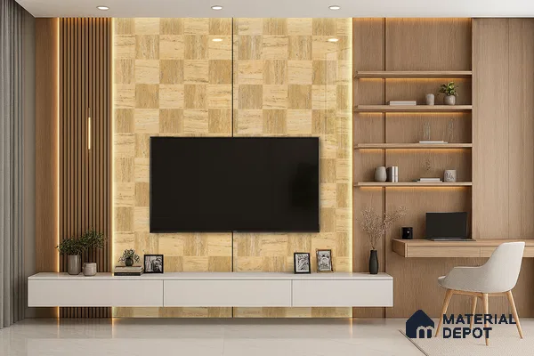 Luxurious Living Room with Light Textured Laminate TV Wall and Built-in Fireplace | Material Depot