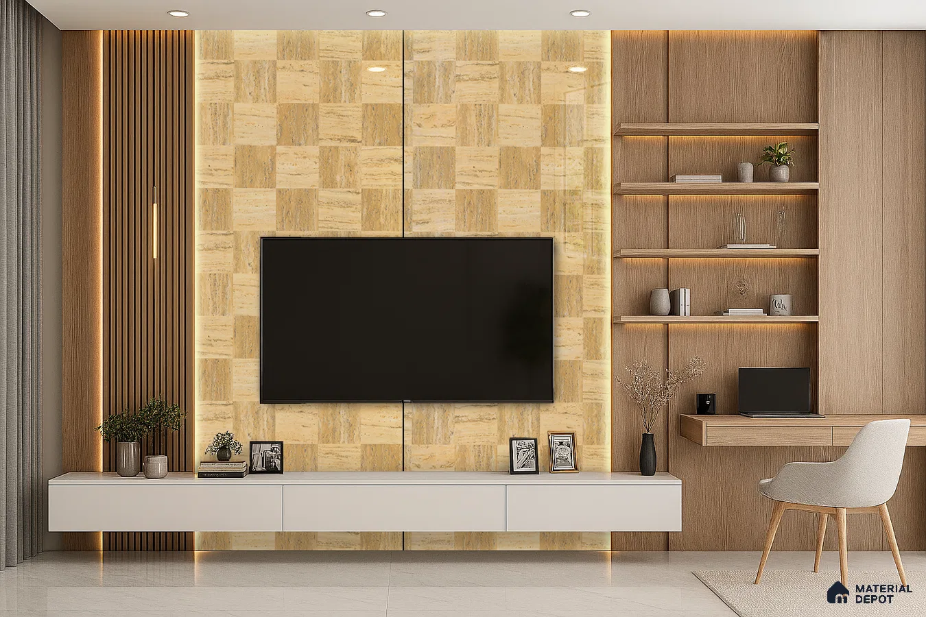 Luxurious Living Room with Light Textured Laminate TV Wall and Built-in Fireplace | Material Depot