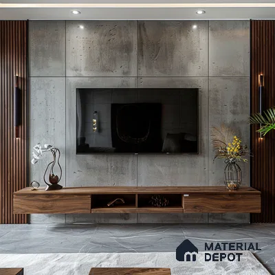 Contemporary TV Unit with Concrete Accent Wall and Wooden TV Console | Material Depot