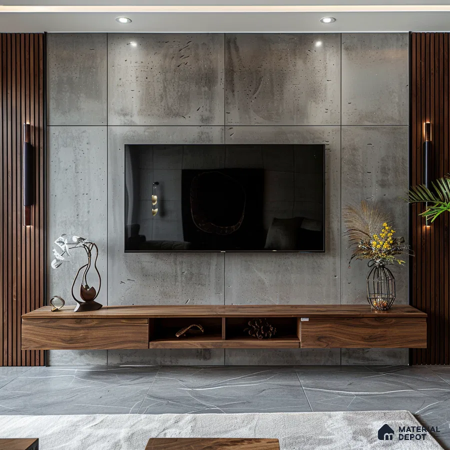 Contemporary TV Unit with Concrete Accent Wall and Wooden TV Console | Material Depot