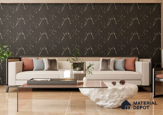 Contemporary Living Room with Dark Botanical Louvers and Woven Sofa Back | Material Depot