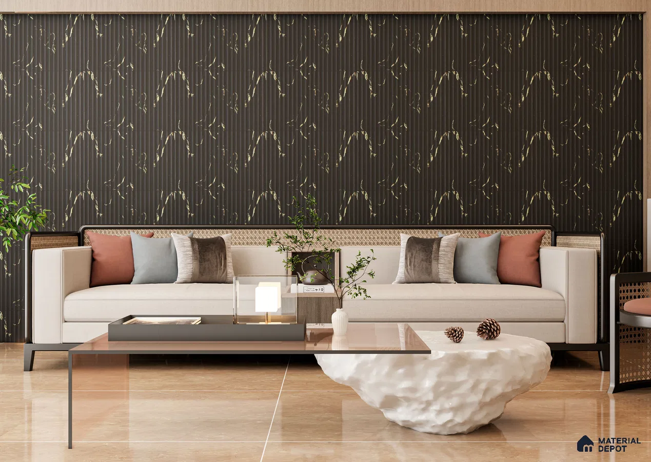 Contemporary Living Room with Dark Botanical Louvers and Woven Sofa Back | Material Depot