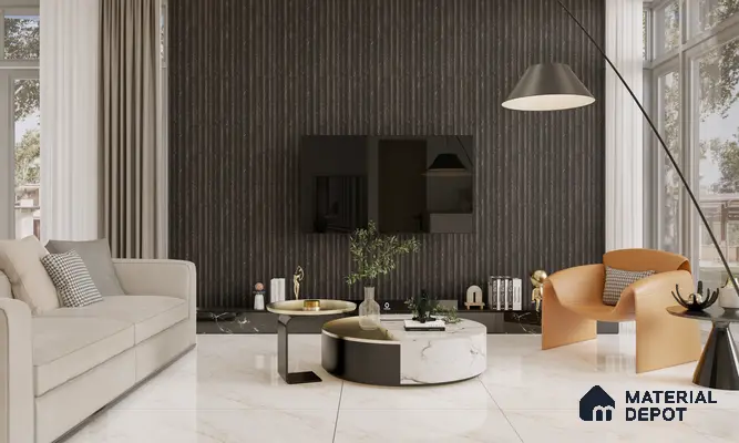 Contemporary Living Room with Dark Fluted Accent Wall | Material Depot
