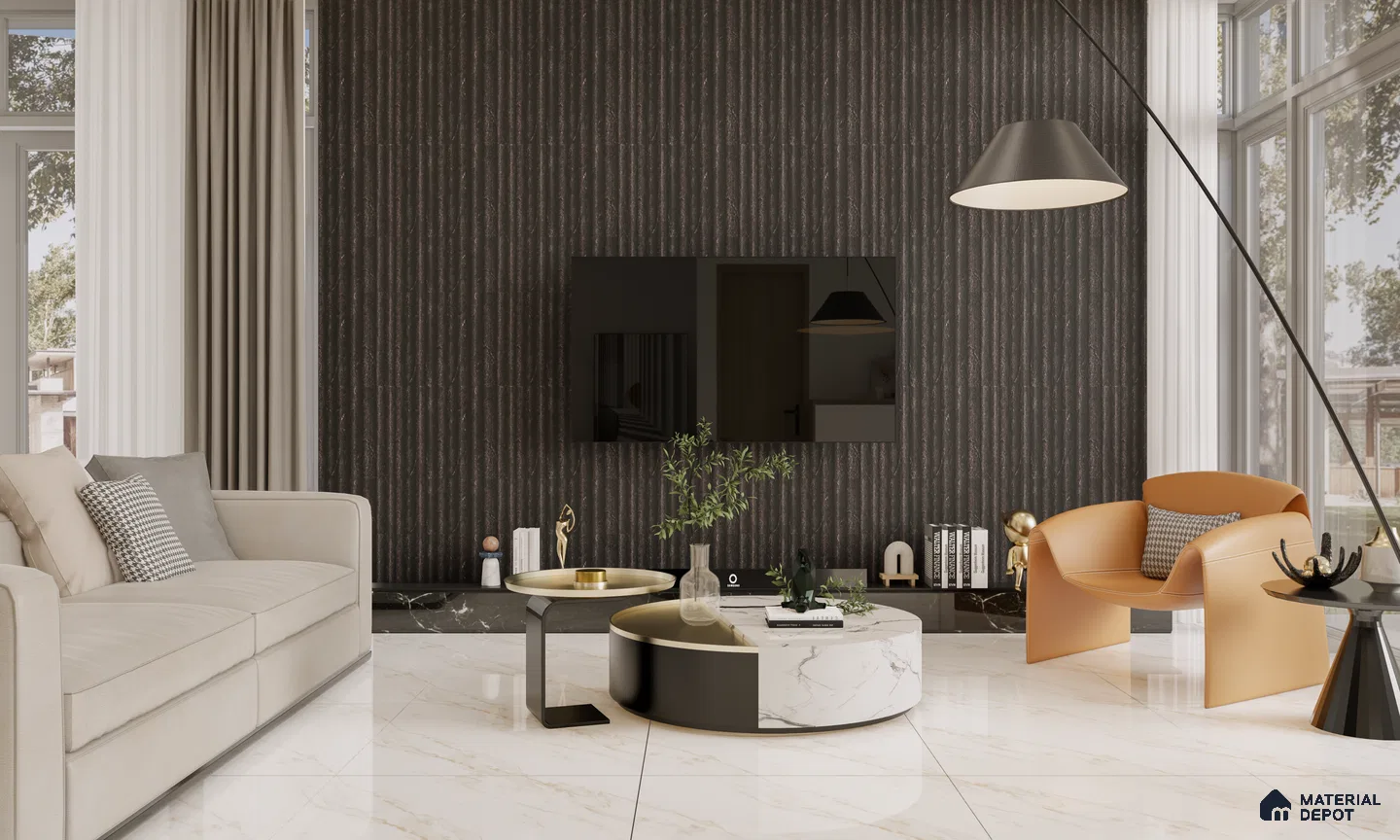 Contemporary Living Room with Dark Fluted Accent Wall | Material Depot