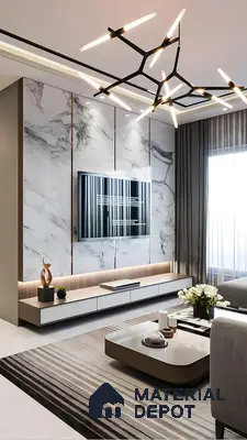 Contemporary Living Room with Elegant Marble TV Wall | Material Depot