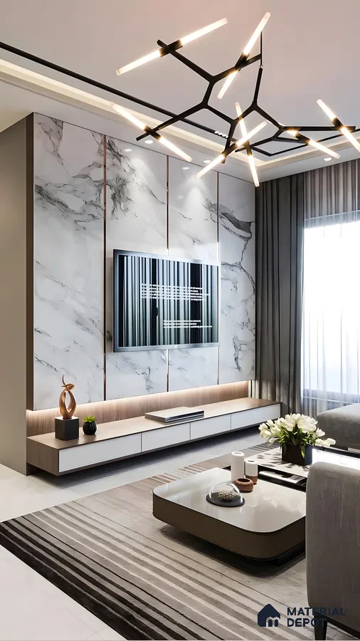 Contemporary Living Room with Elegant Marble TV Wall | Material Depot