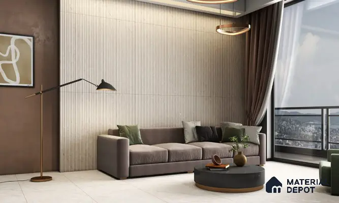 Contemporary Living Room with Fluted Beige Wall Tiles | Material Depot