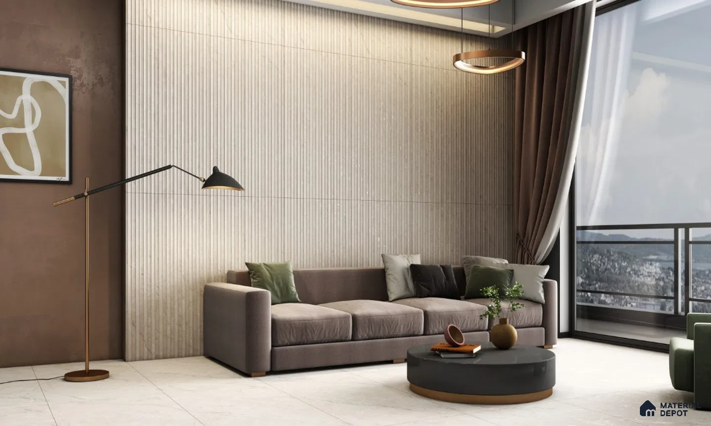 Contemporary Living Room with Fluted Beige Wall Tiles | Material Depot