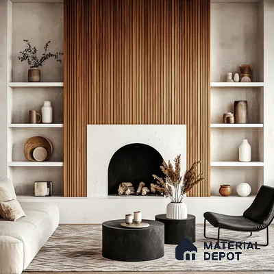 Contemporary Living Room with Fluted Wood Panel and Minimalist Fireplace | Material Depot