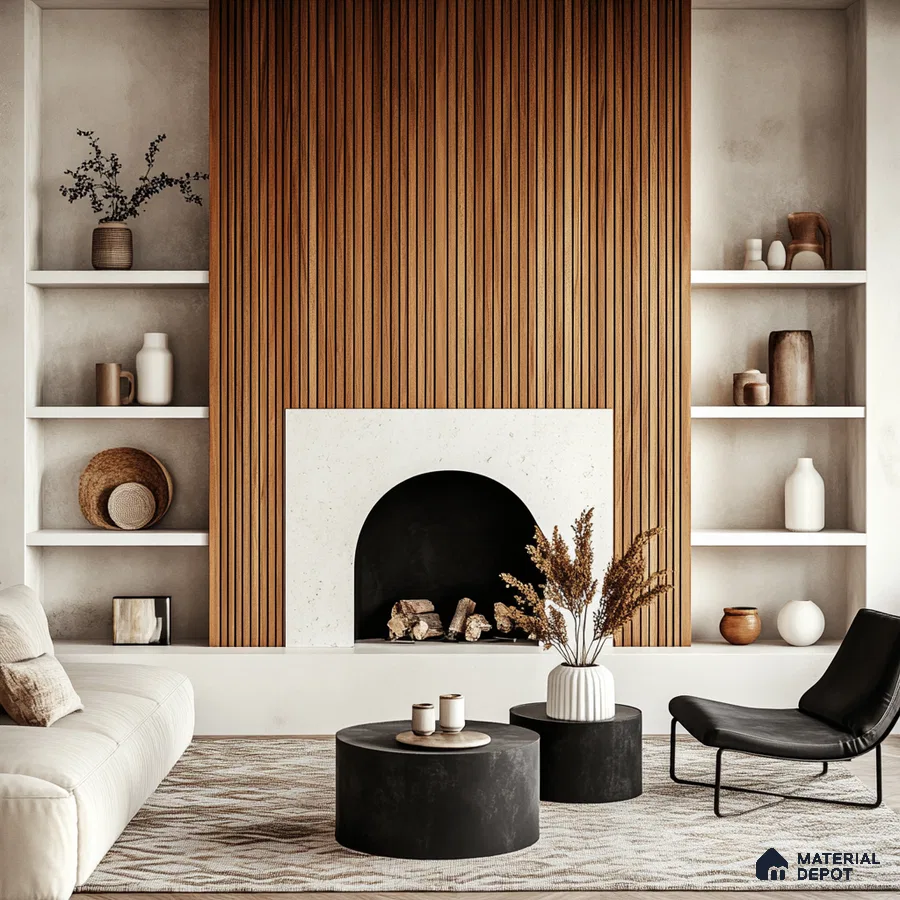 Contemporary Living Room with Fluted Wood Panel and Minimalist Fireplace | Material Depot