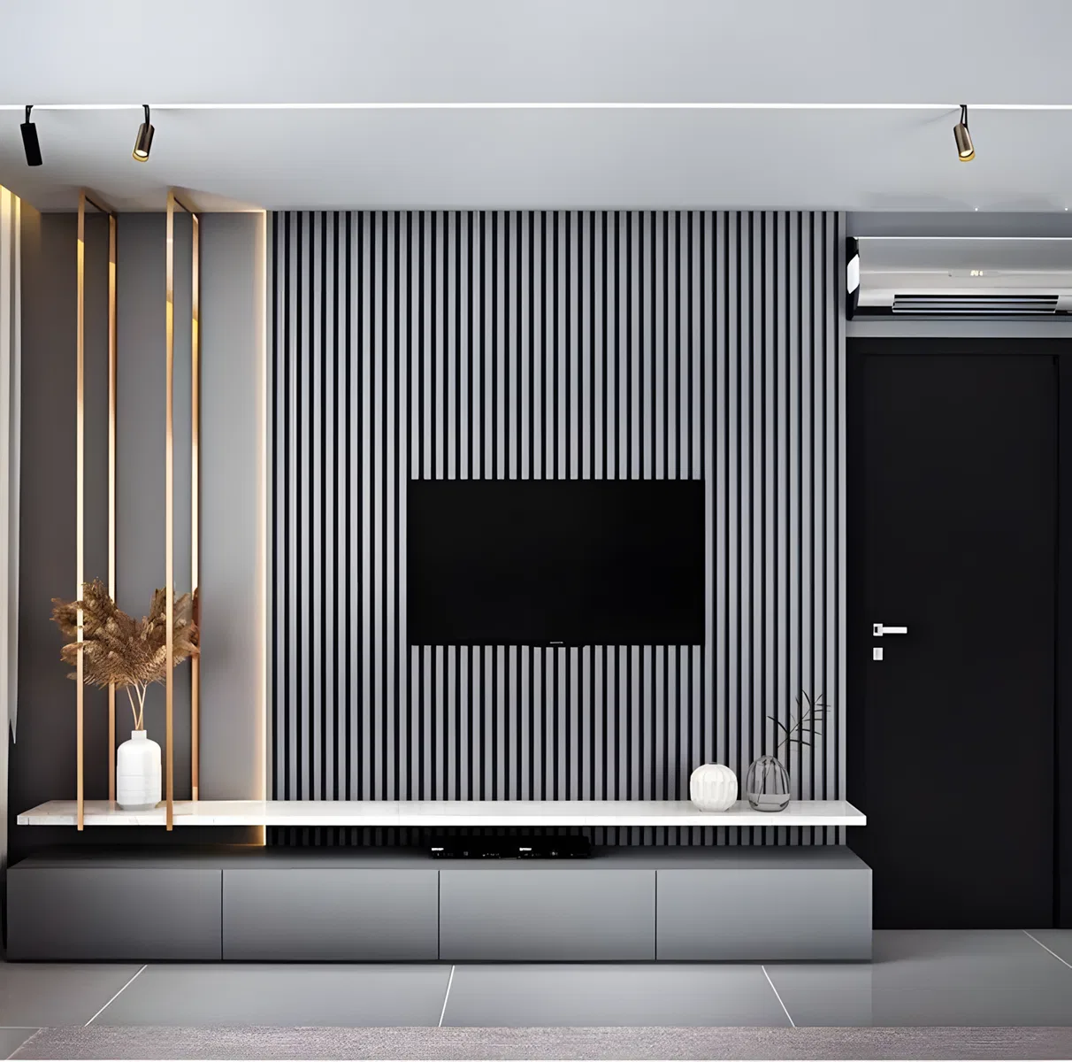 Modern TV unit with grey fluted wall panels, matte grey laminate ...
