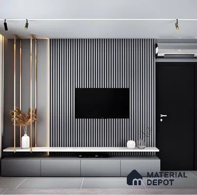 Contemporary TV Unit with Gray Slatted Wall and Gold Accents | Material Depot