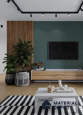 Contemporary TV Unit with Green Accent Wall and Wooden Accents | Material Depot