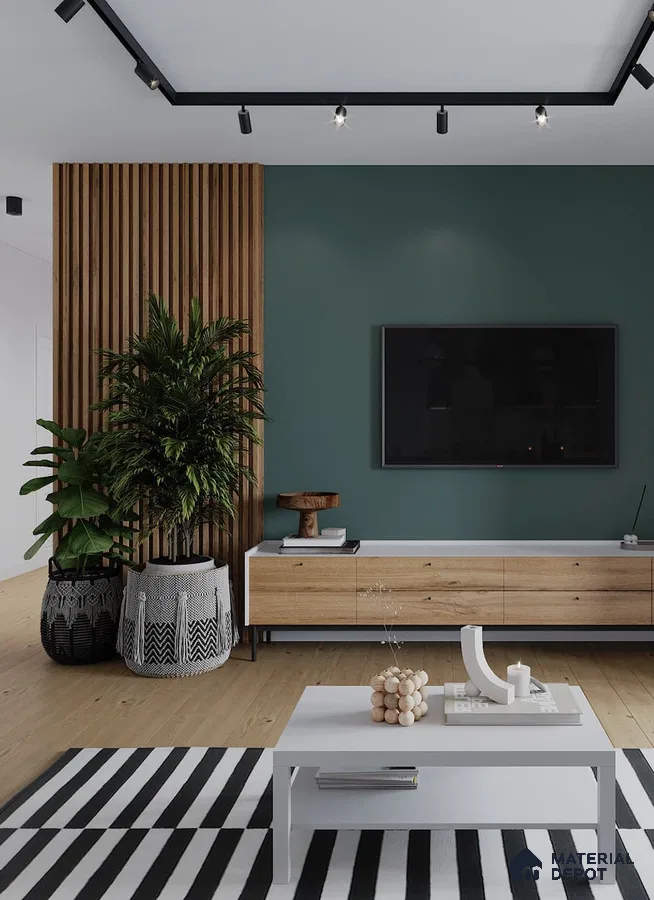 Contemporary TV Unit with Green Accent Wall and Wooden Accents | Material Depot