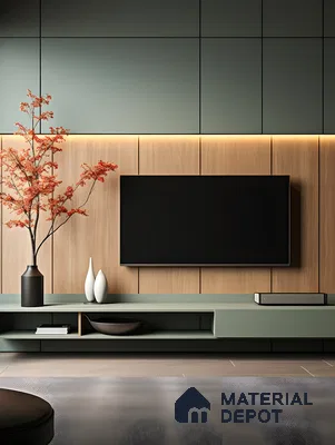 Contemporary TV Unit with Green and Wood Accent Wall | Material Depot