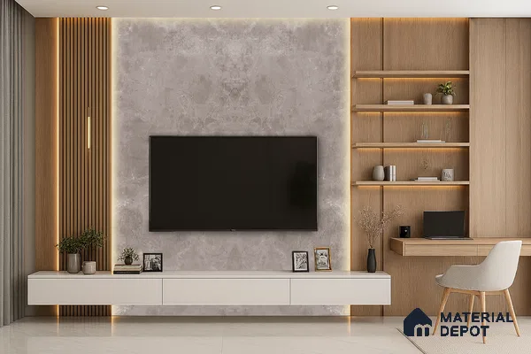 Modern Living Room with White Marble Wall Panels and Floating TV Console | Material Depot