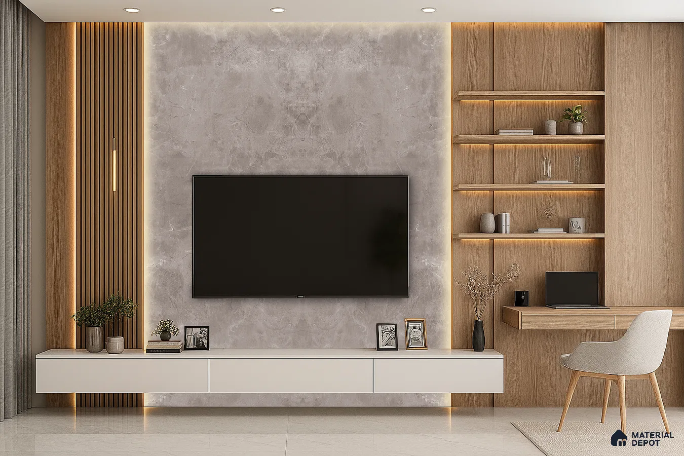 Modern Living Room with White Marble Wall Panels and Floating TV Console | Material Depot