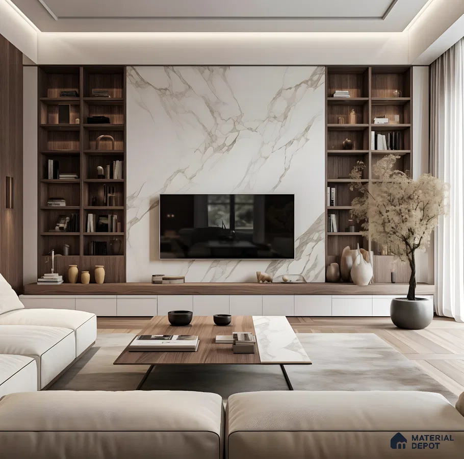 Contemporary TV Unit with Marble Accent Wall and Built-in Shelving | Material Depot