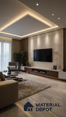 Contemporary TV Unit with Marble Accent Wall and Coffered Ceiling | Material Depot