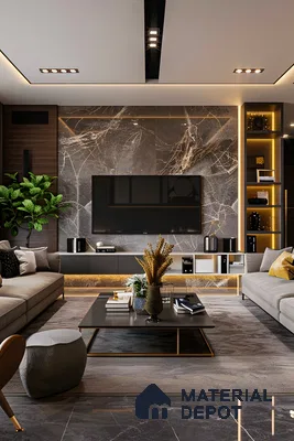 Contemporary TV Unit with Marble Accent Wall and Sleek TV Console | Material Depot