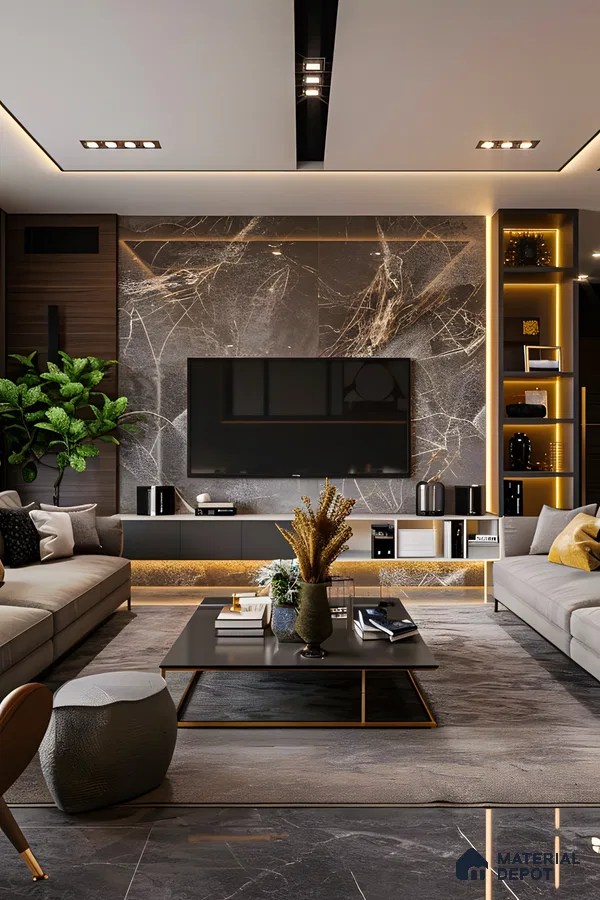 Contemporary TV Unit with Marble Accent Wall and Sleek TV Console | Material Depot