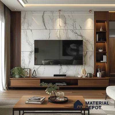 Contemporary TV Unit with Marble Accent Wall and Wooden TV Console | Material Depot