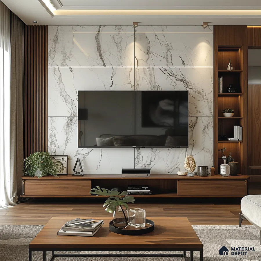 Contemporary TV Unit with Marble Accent Wall and Wooden TV Console | Material Depot