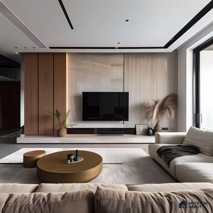 Contemporary TV Unit with Marble and Wood Accent Wall | Material Depot