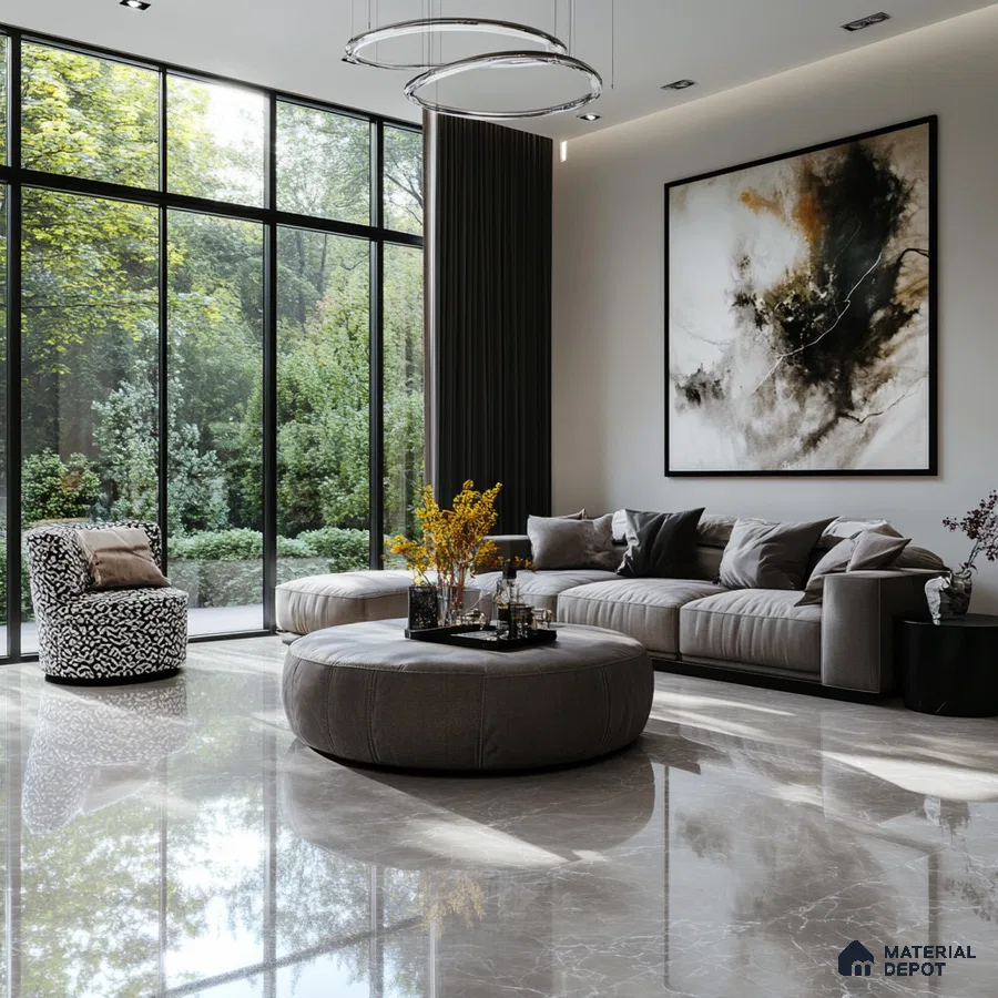 Contemporary Living Room with Marble Flooring and Scenic Garden Views | Material Depot