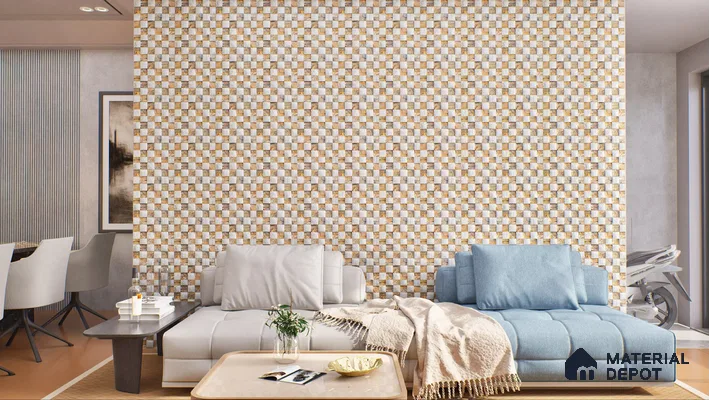 Contemporary Living Room with Mosaic Tile Accent Stone Wall Cladding | Material Depot