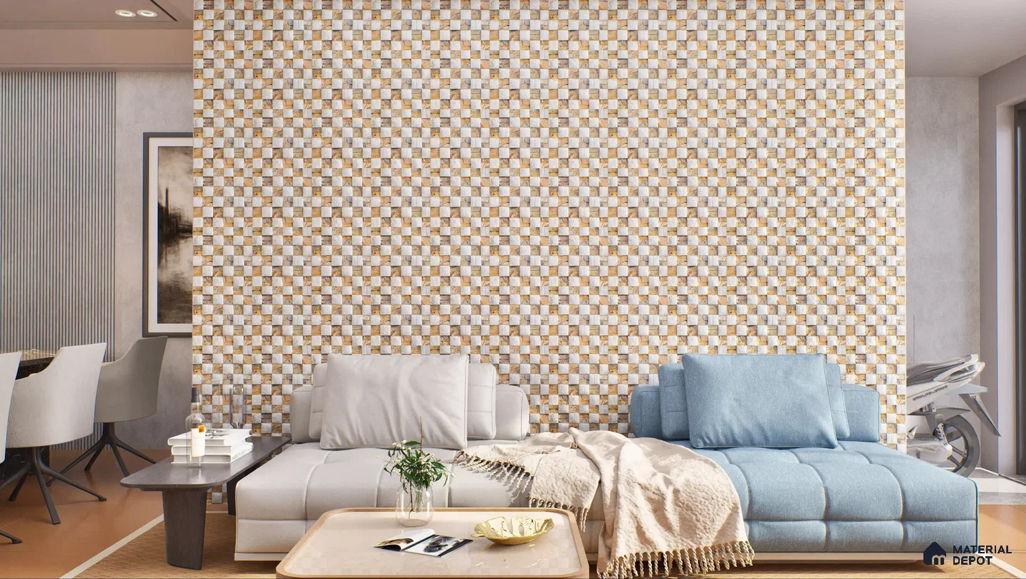 Contemporary Living Room with Mosaic Tile Accent Stone Wall Cladding | Material Depot