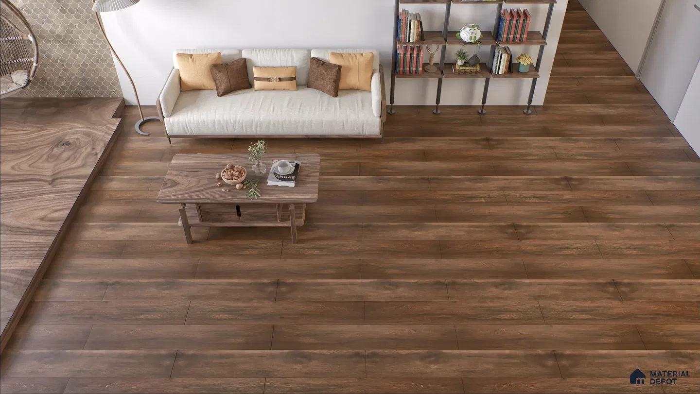 Contemporary Living Room with Rustic Wooden Flooring | Material Depot