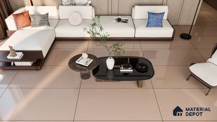 Contemporary Living Room with Soft Beige Glossy Floor Tiles | Material Depot