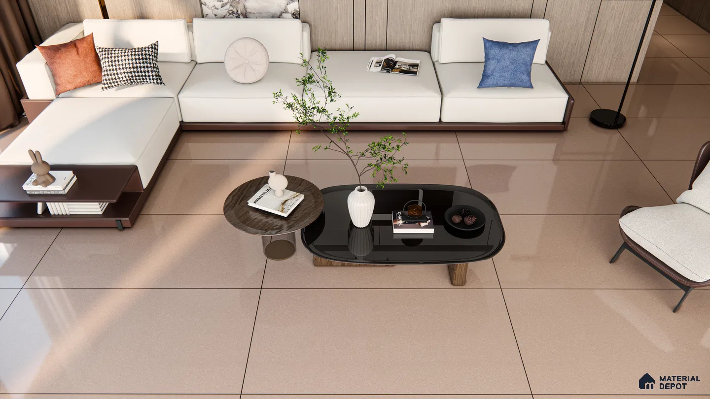 Contemporary Living Room with Soft Beige Glossy Floor Tiles | Material Depot