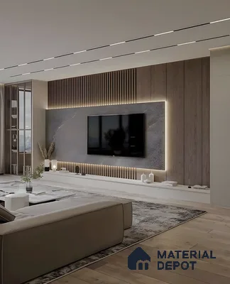 Contemporary Living Room With Stone-Finish Tv Panel, Vertical Fluted Wood Accents, And Warm Led Backlighting | Material Depot