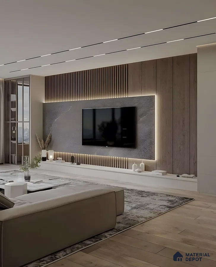 Contemporary Living Room With Stone-Finish Tv Panel, Vertical Fluted Wood Accents, And Warm Led Backlighting | Material Depot