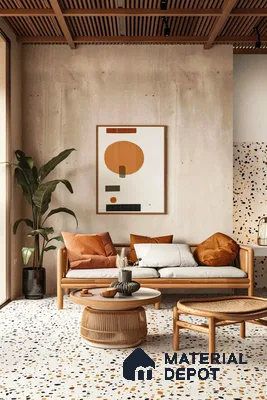 Contemporary Living Room with Terrazzo Flooring and Warm Tones | Material Depot